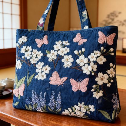 Embroidered Sakura & Butterfly Canvas Tote Bag