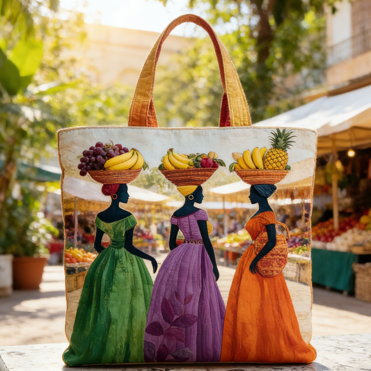 Colorful Market Women Quilted Tote Bag