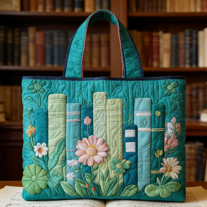 Teal Book & Bloom Quilted Tote Bag