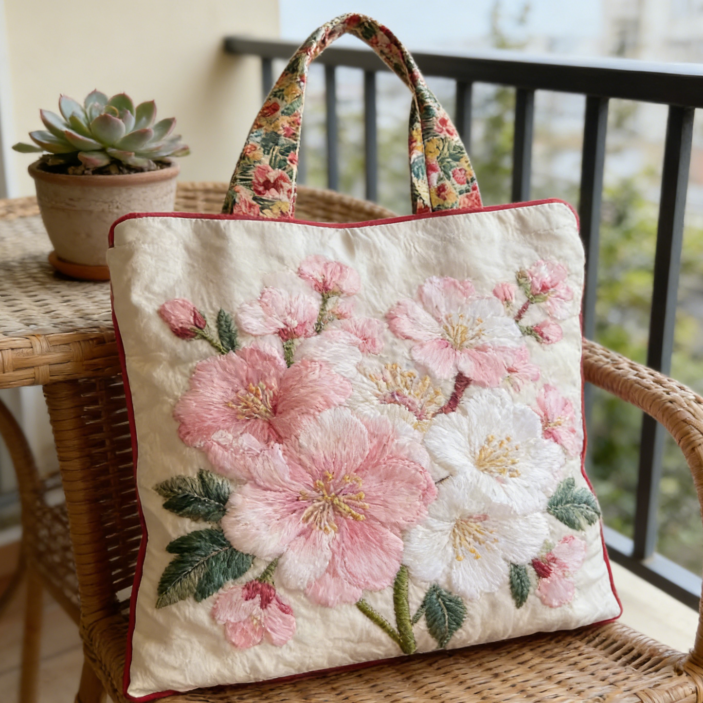 Blush Cherry Blossom Quilted Tote Bag
