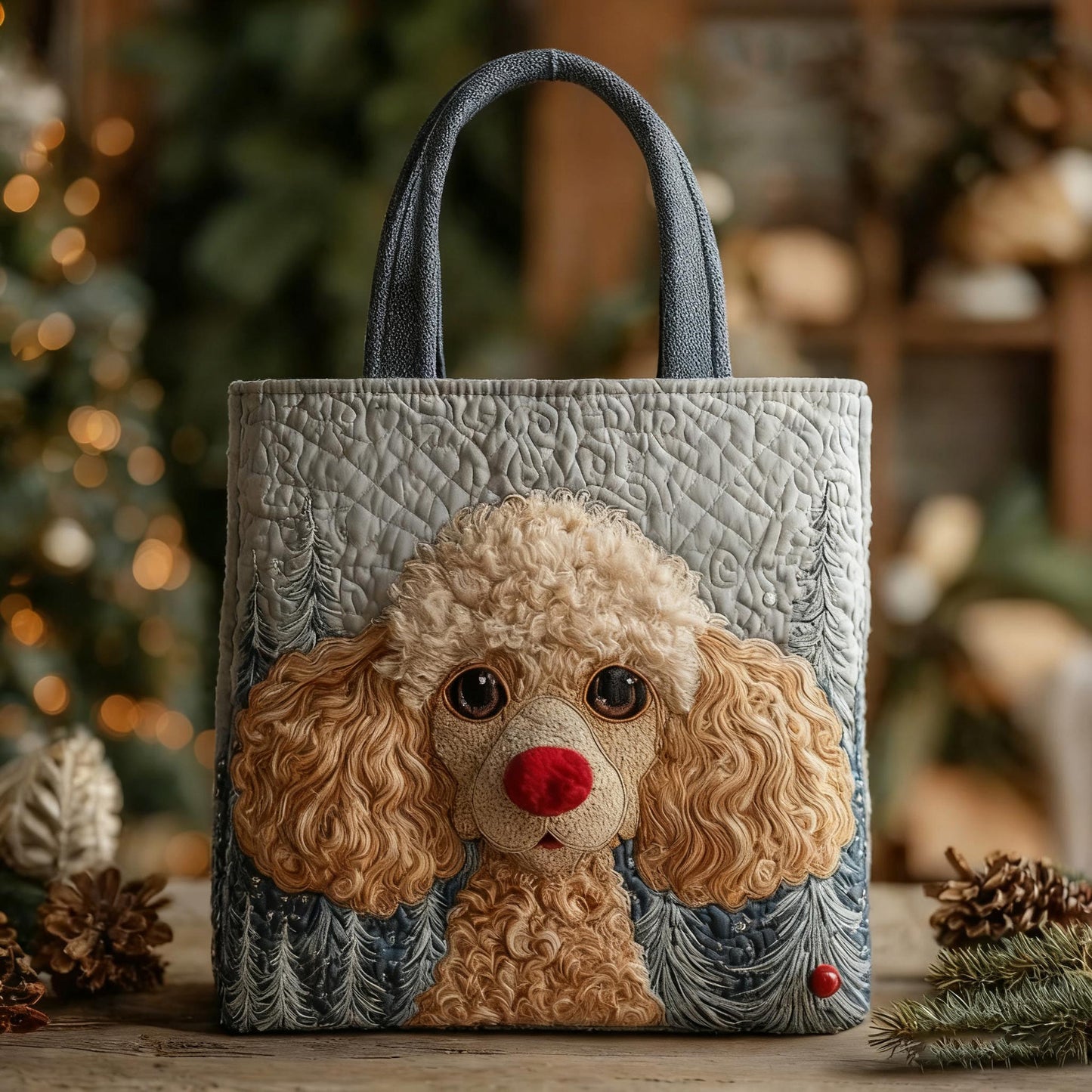 Holiday Reindeer Poodle Apricot Quilted Tote Bag
