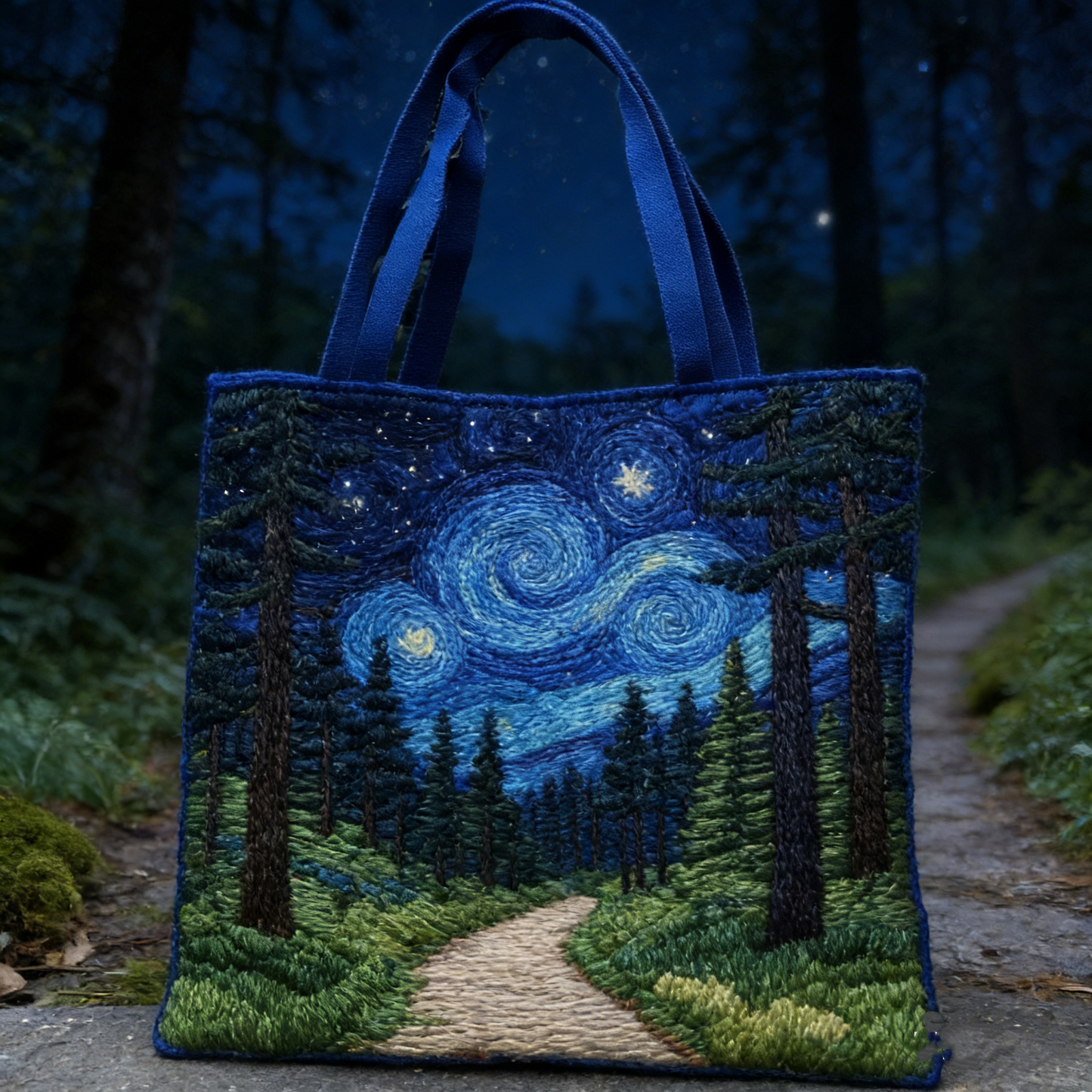 Starry Night Forest Quilted Tote Bag