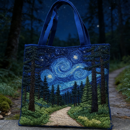 Starry Night Forest Quilted Tote Bag