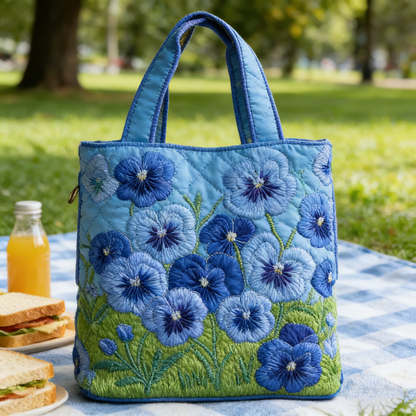 Blue Pansy Embroidery Quilted Tote Bag