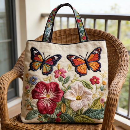 Vibrant Floral-Butterfly Quilted Tote Bag