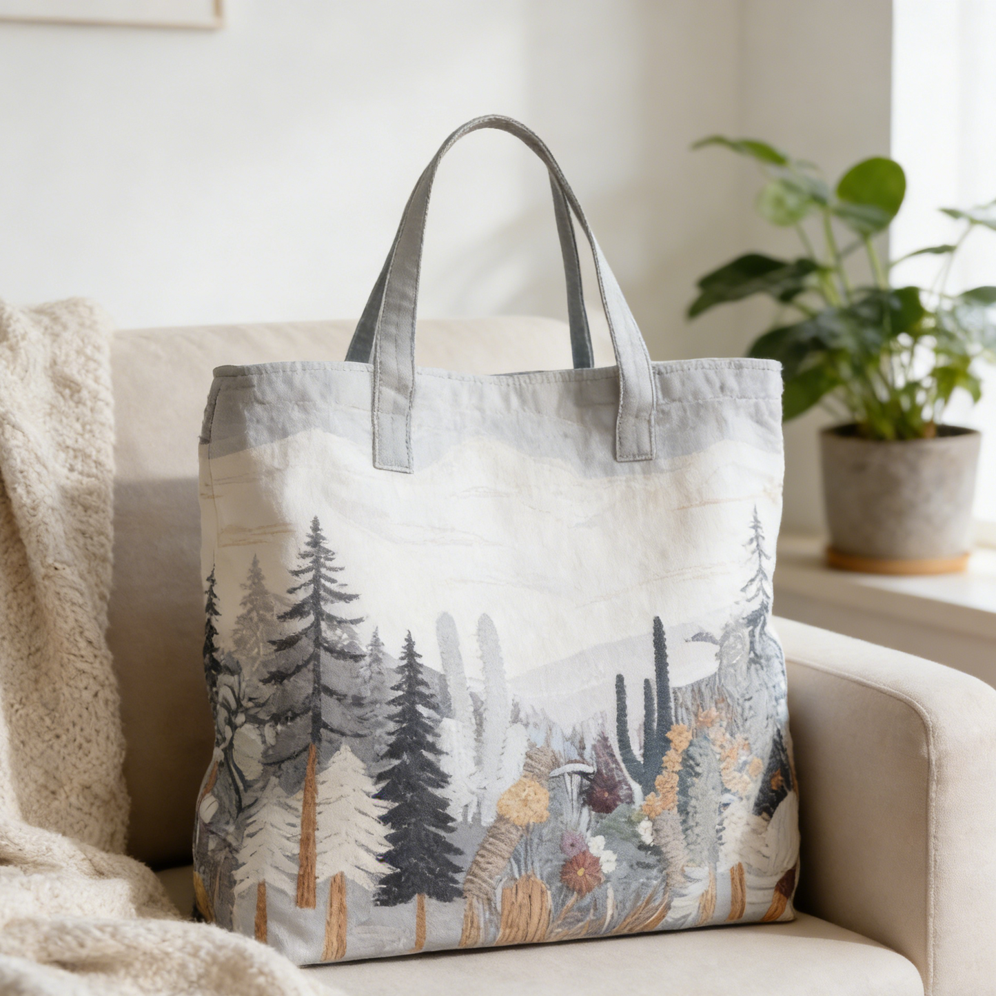 Minimalist Pine-Cactus Quilted Tote Bag