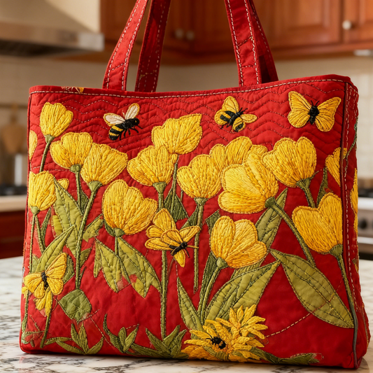 Embroidered Yellow Tulip & Bee Tote Bag