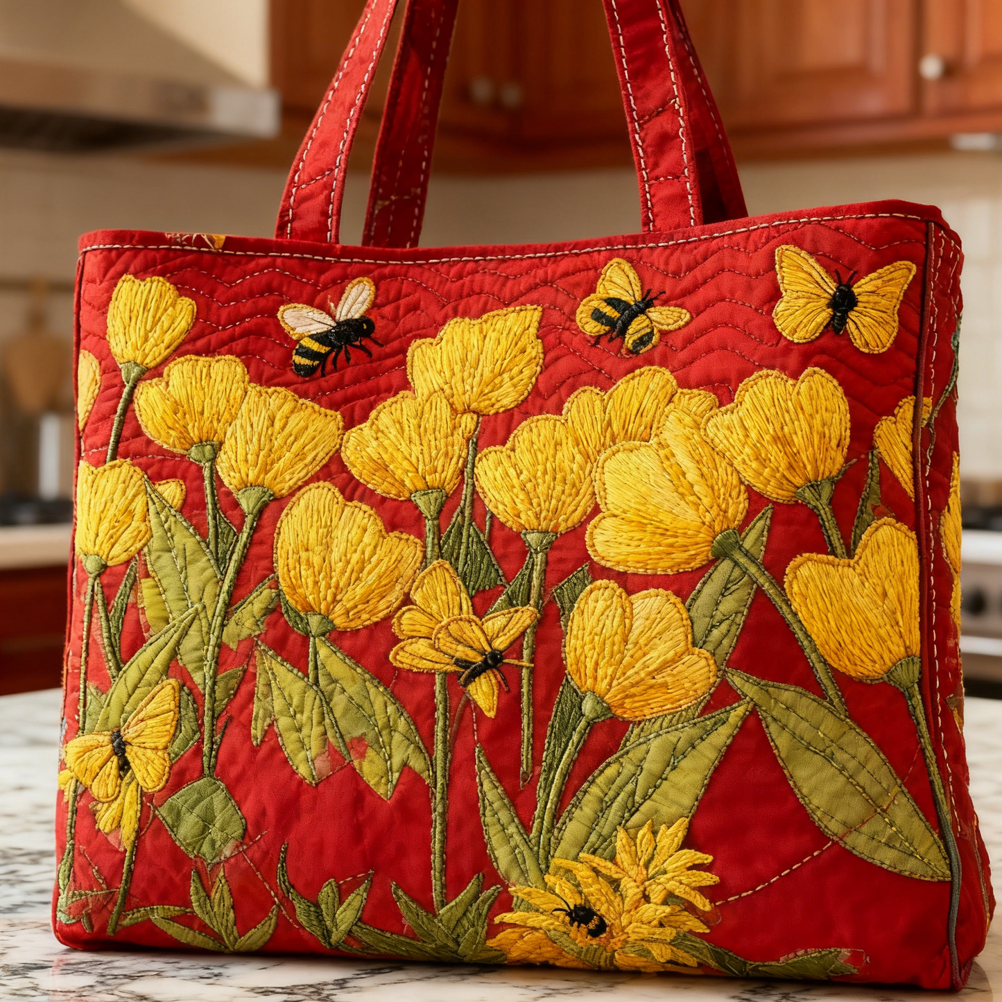 Embroidered Yellow Tulip & Bee Canvas Tote Bag