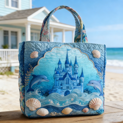 Underwater Castle & Dolphin Quilted Tote Bag