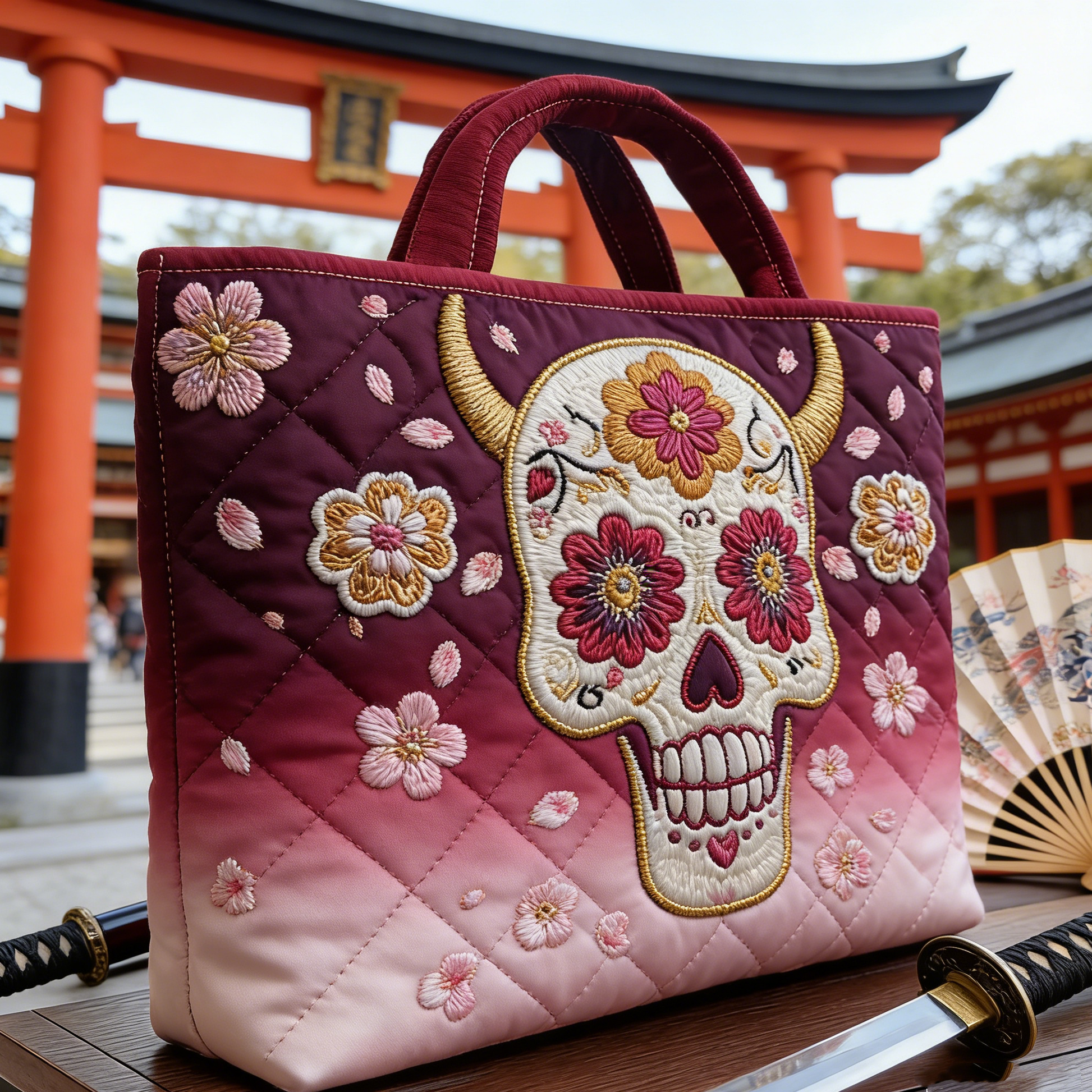 Sakura Skull Quilted Tote Bag