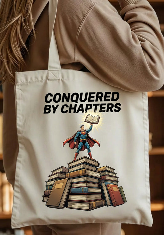 Conquered by Chapters Superhero for Book Lovers Canvas Tote Bag