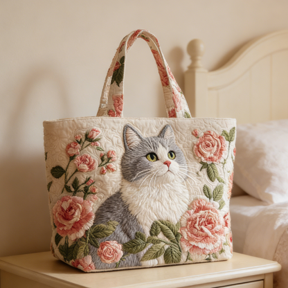 Sweet Cat-Rose Quilted Tote Bag