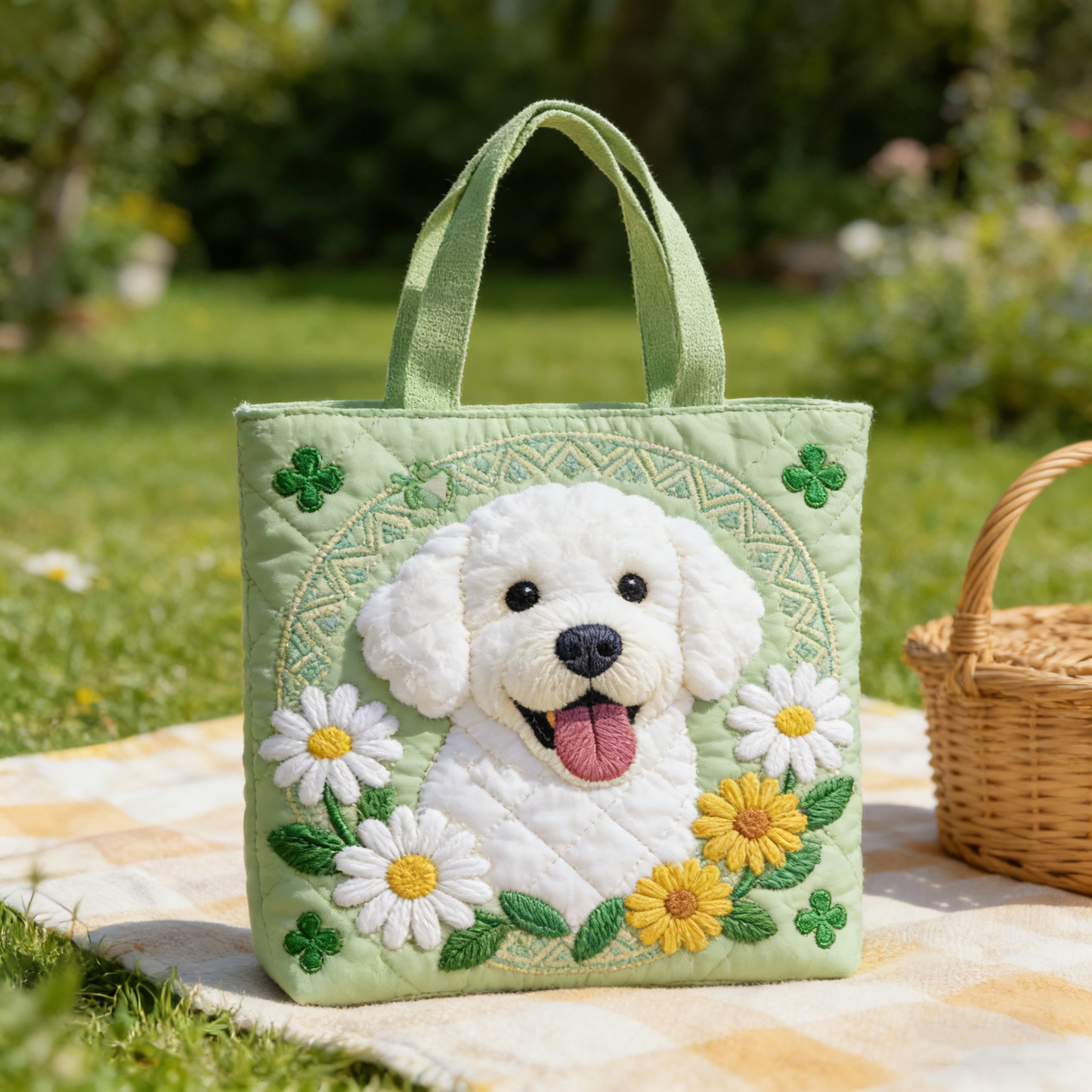 Picnic Meadow Pet Embroidery Canvas Tote Bag