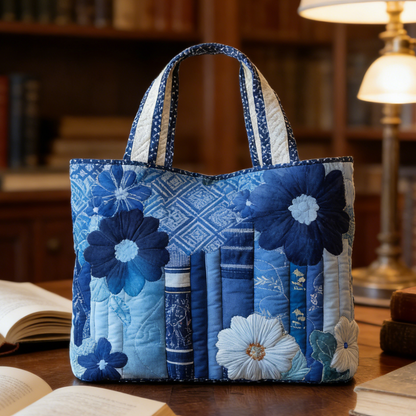 Indigo Floral Book Quilted Tote Bag
