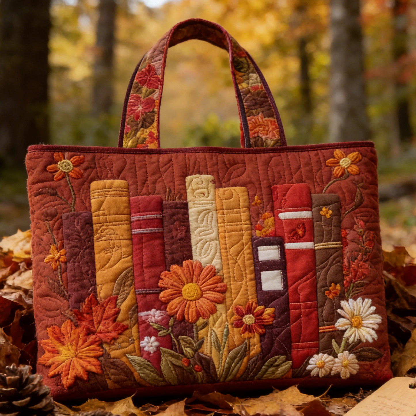 Autumn Book & Bloom Quilted Tote Bag