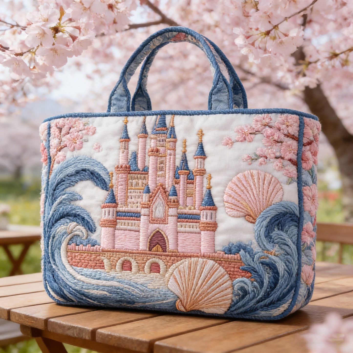 Cherry Blossom Coastal Castle Quilted Tote Bag