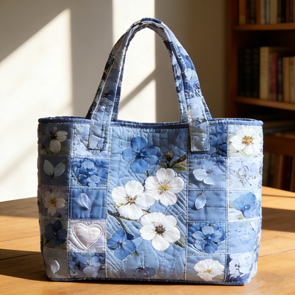 Blue Floral & Heart zjkc7425 Quilted Tote Bag