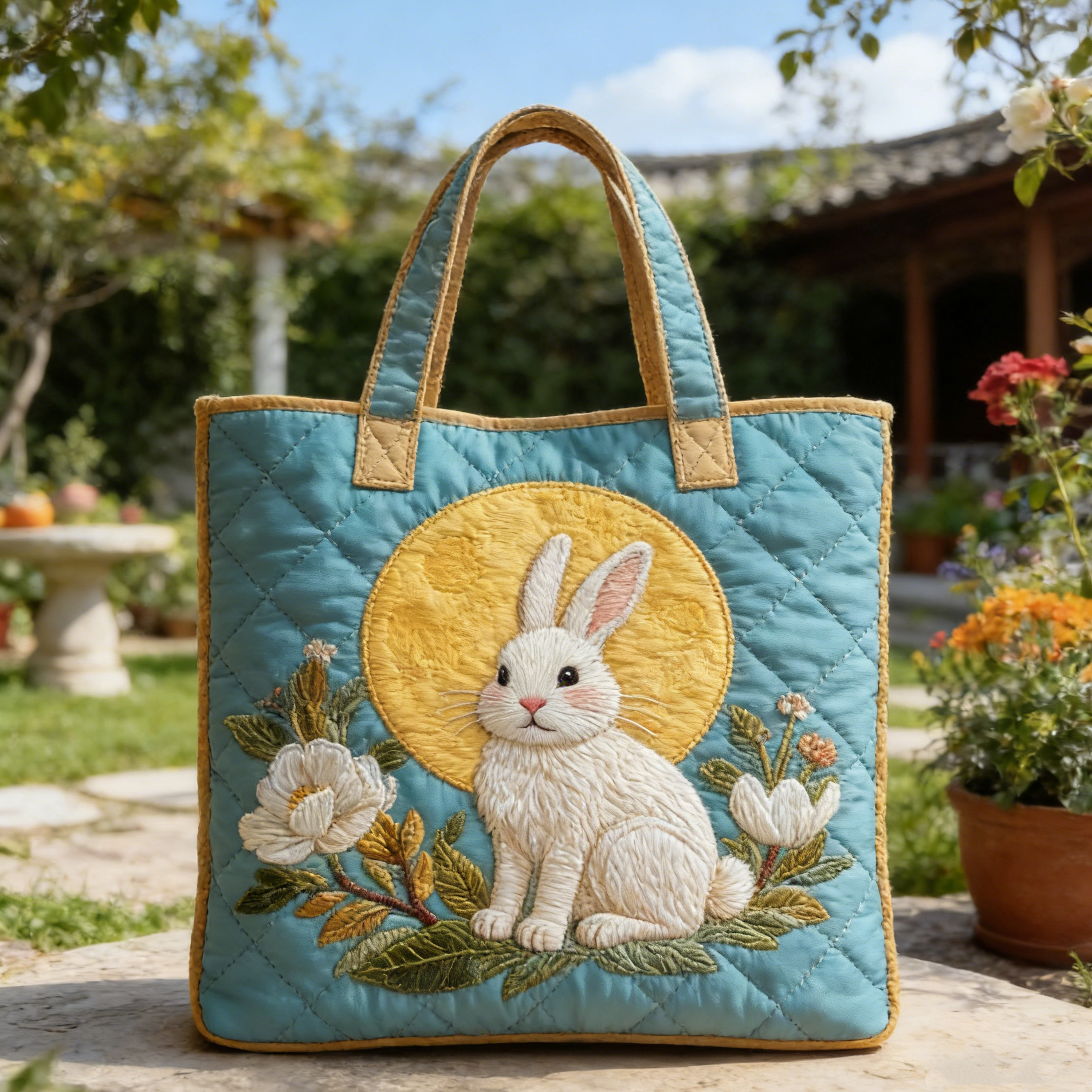 Stitched White Rabbit & Moon Tote Bag: Soft Turquoise Quilted Style for Nature Vibes