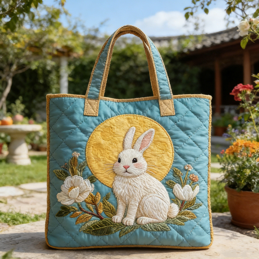 Stitched White Rabbit & Moon Tote Bag: Soft Turquoise Quilted Style for Nature Vibes