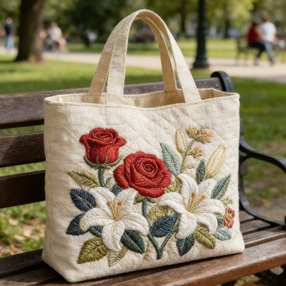 Stitched Floral Bouquet Quilted Tote Bag: Soft Linen Style with Romantic Roses & Lilies