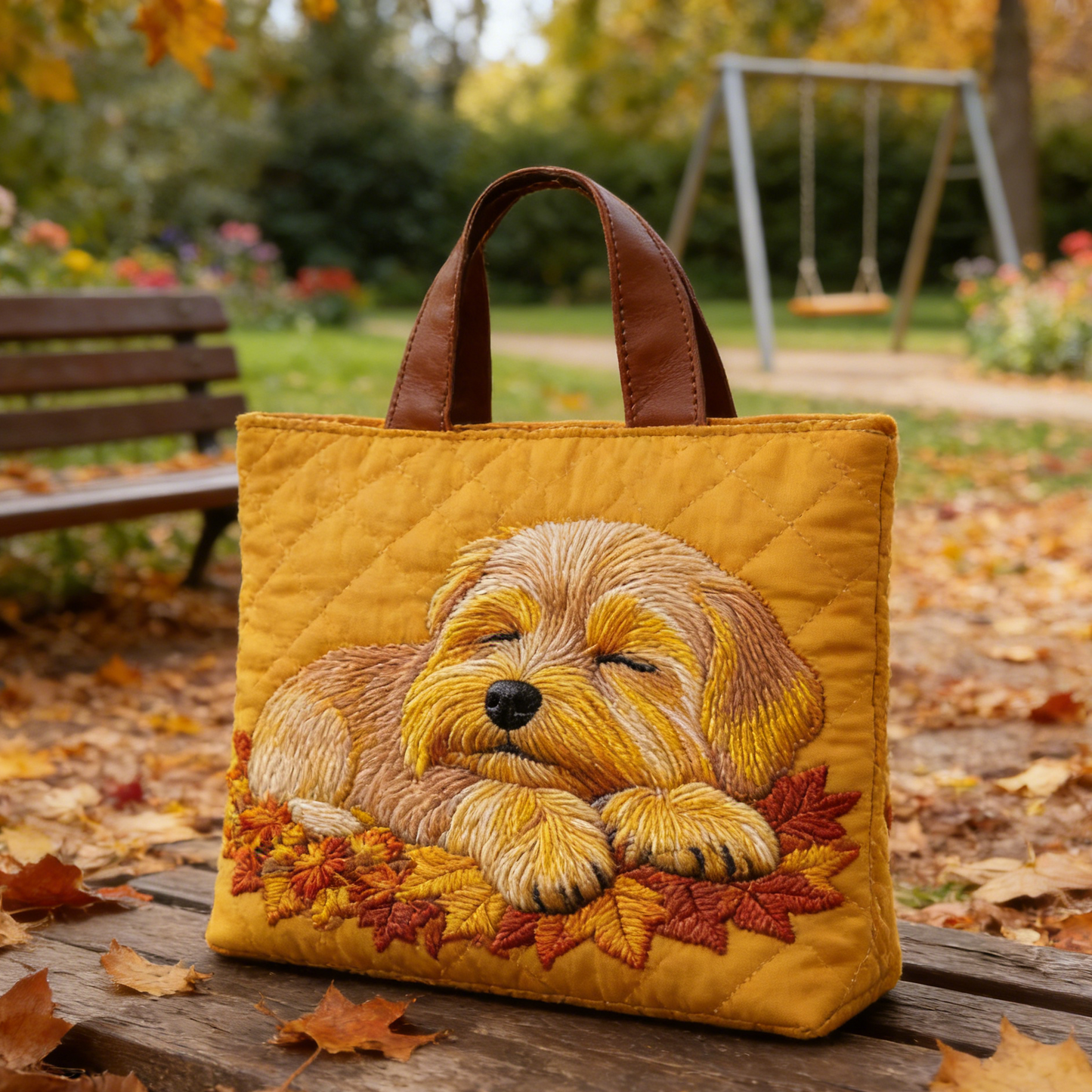 Fall Puppy Quilted Tote Bag
