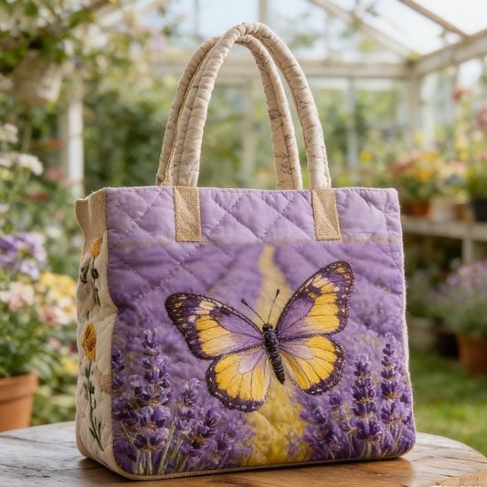 Purple Lavender Butterfly Quilted Tote Bag
