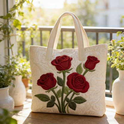 Red Rose Bouquet Quilted Tote Bag