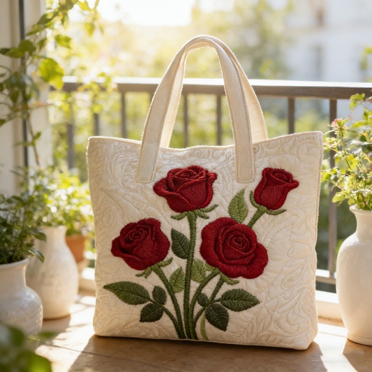 Red Rose Bouquet Quilted Tote Bag