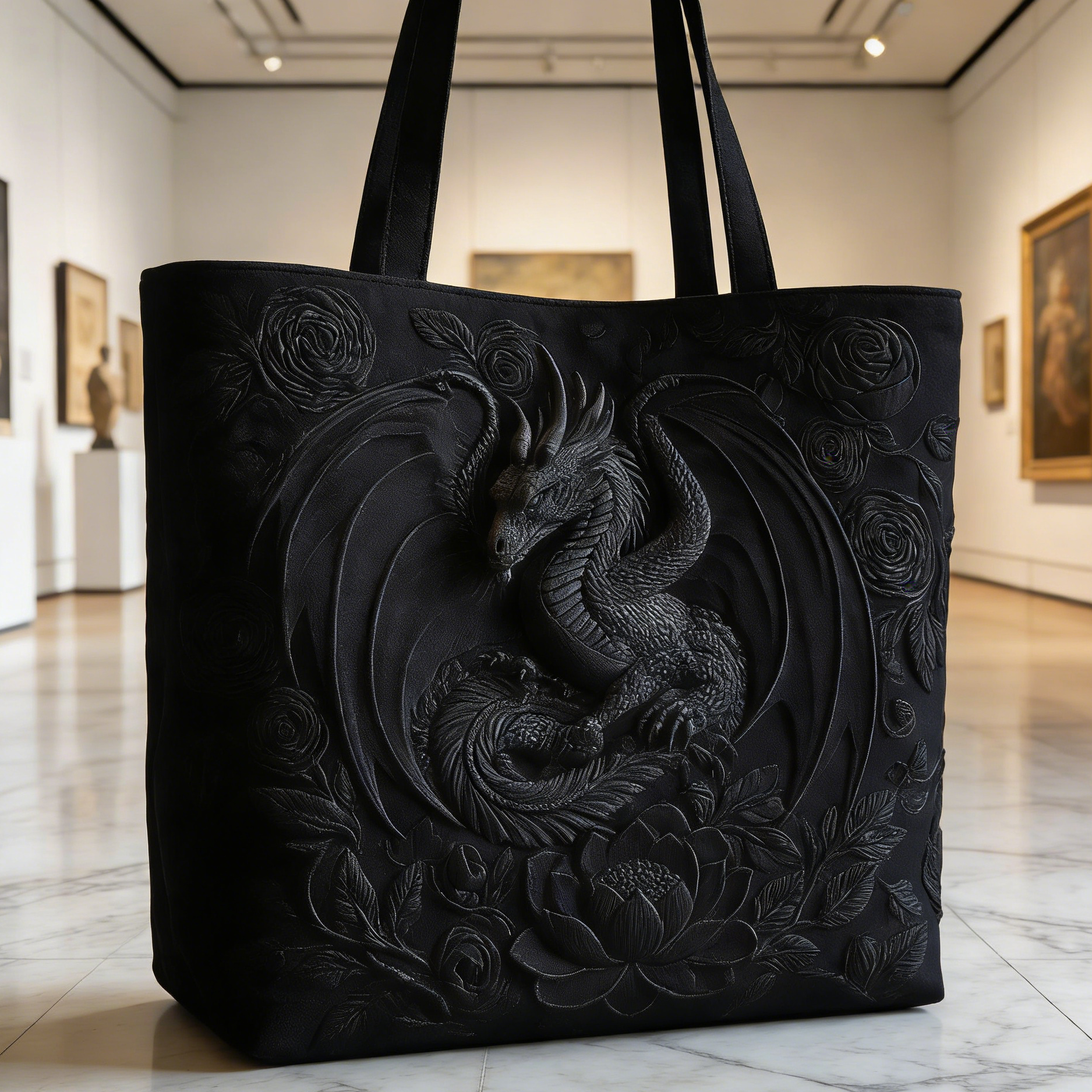 Black Dragon & Floral Quilted Tote Bag