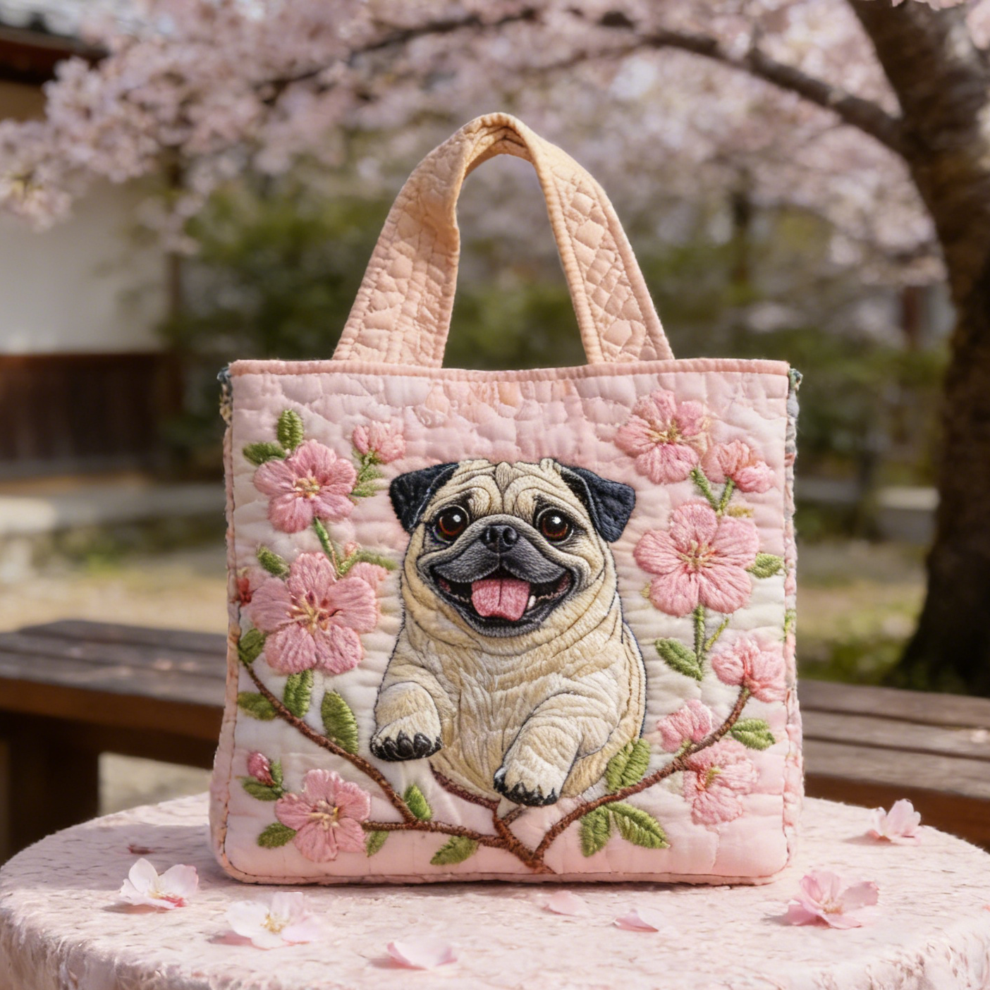Sweet Pink Pug Cherry Blossom Quilted Tote Bag