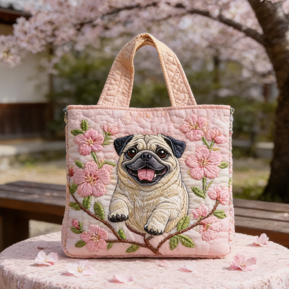 Sweet Pink Pug Cherry Blossom Quilted Tote Bag