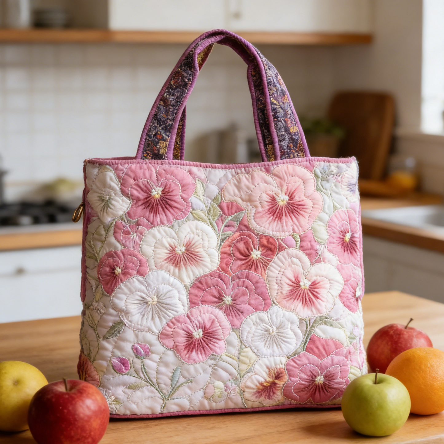 Pink-White Pansy Quilted Tote Bag