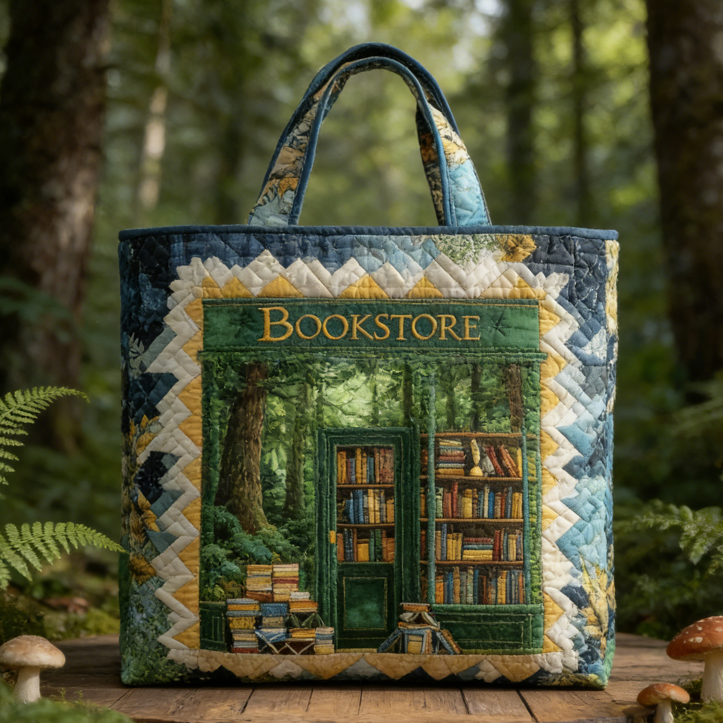 Forest Bookstore Window Quilted Tote Bag