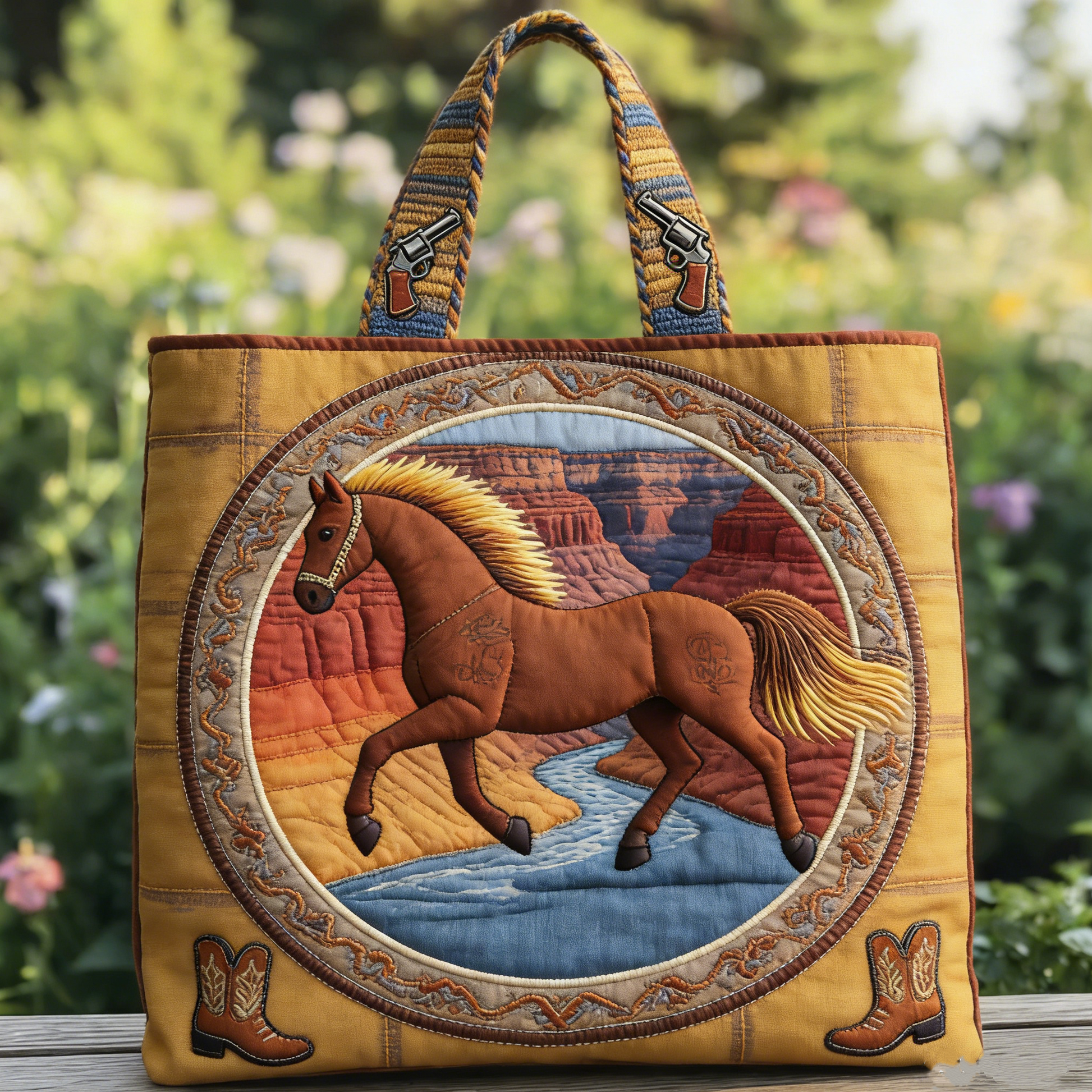 Quilted Wild West Mustang Tote Bag