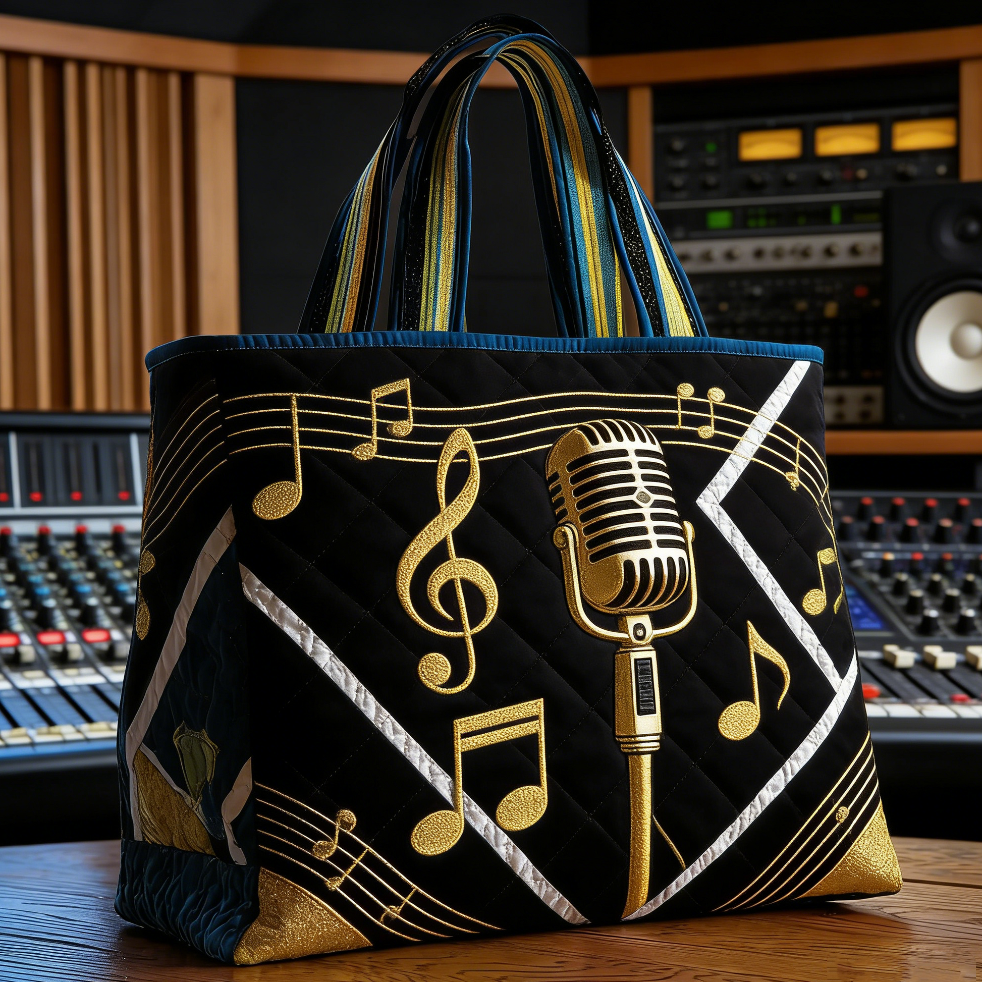 Gold Mic & Note Quilted Tote Bag