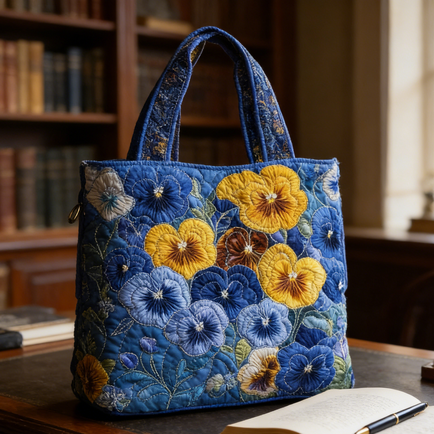 Blue-Yellow Pansy Quilted Tote Bag
