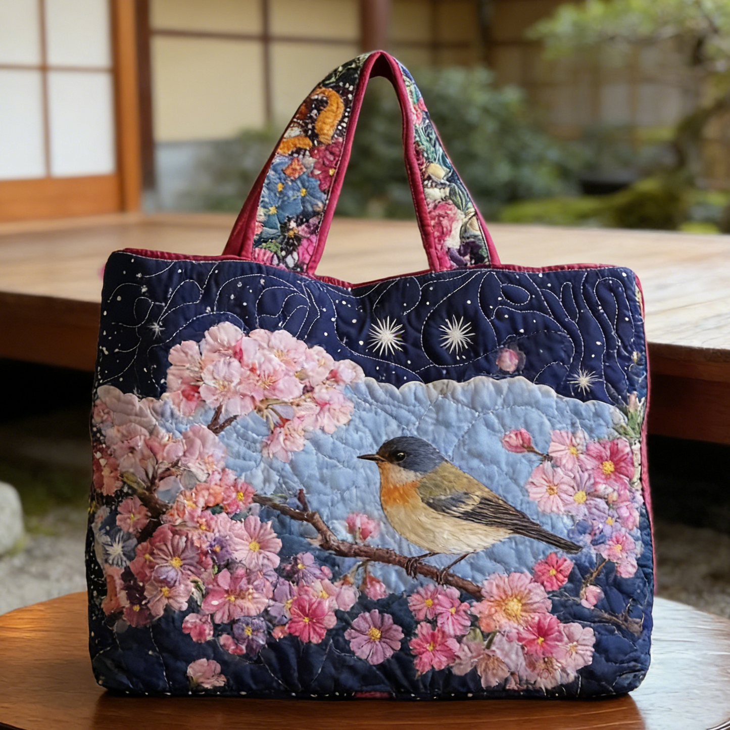 Starry Sakura Bird Quilted Tote Bag