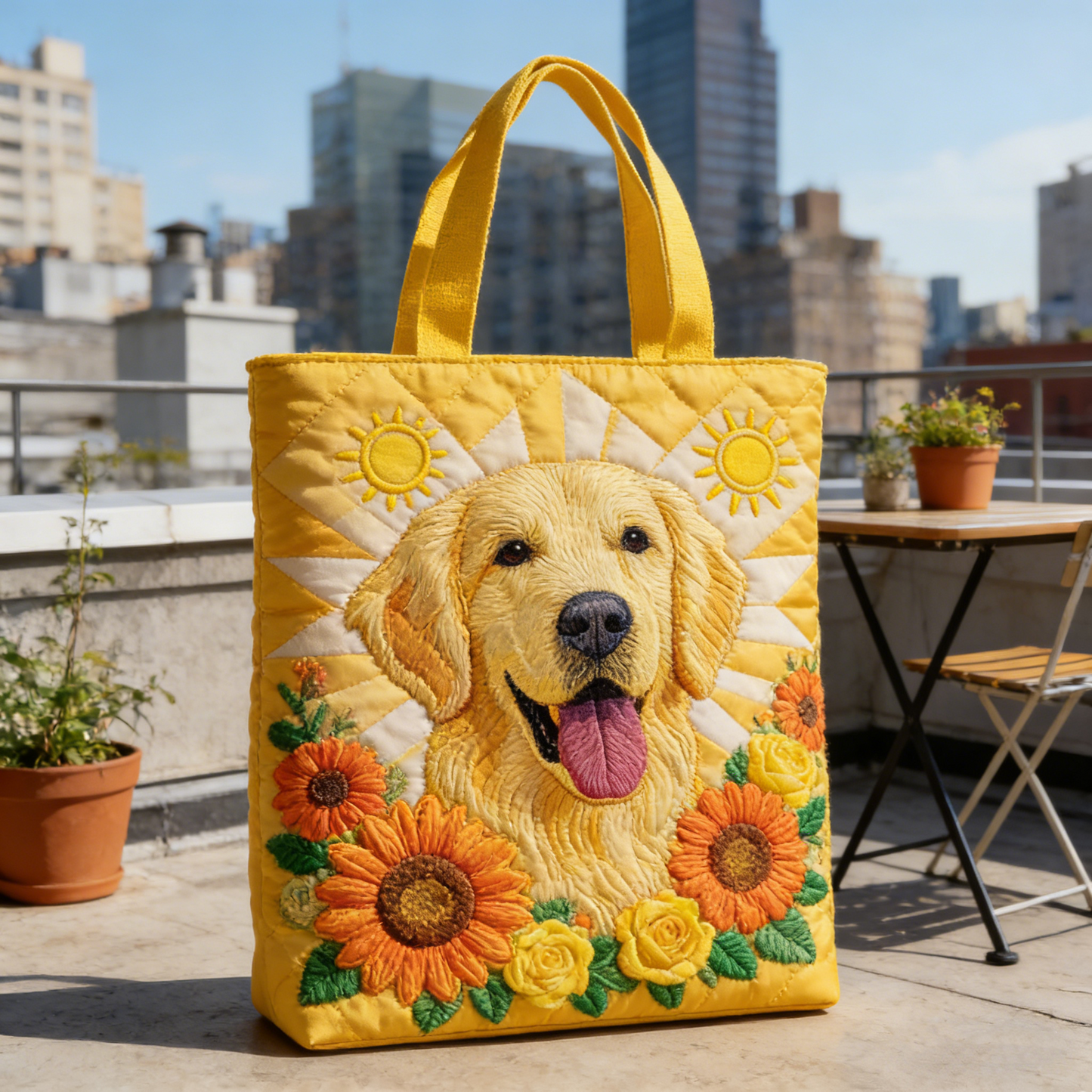 City Rooftop Pet Embroidery Canvas Tote Bag