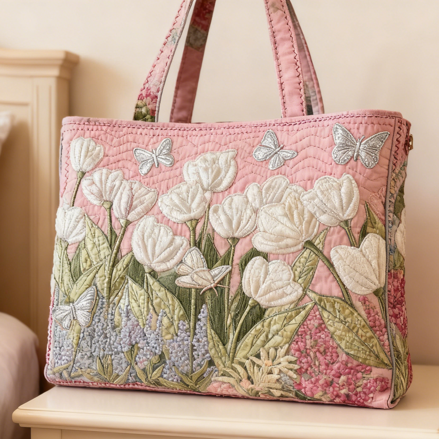 Blush Pink Tulip Quilted Tote Bag