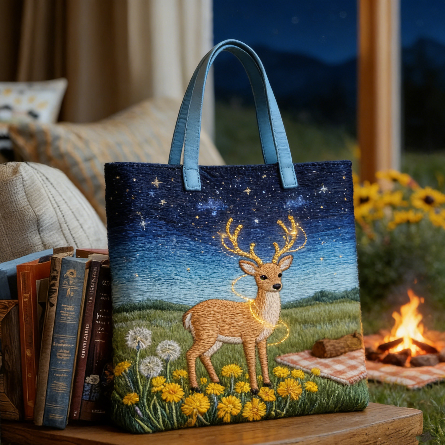 Quilted Starry Night Deer Tote Bag Quilted Tote Bag