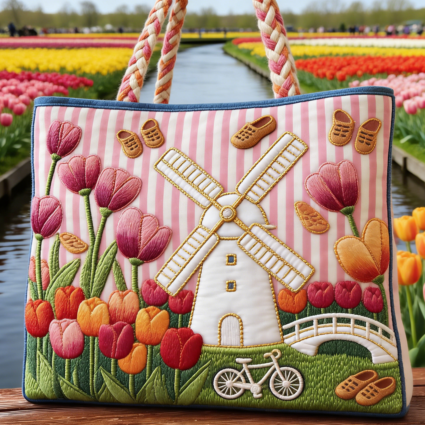 Dutch Tulip Field Windmill Canvas Tote Bag