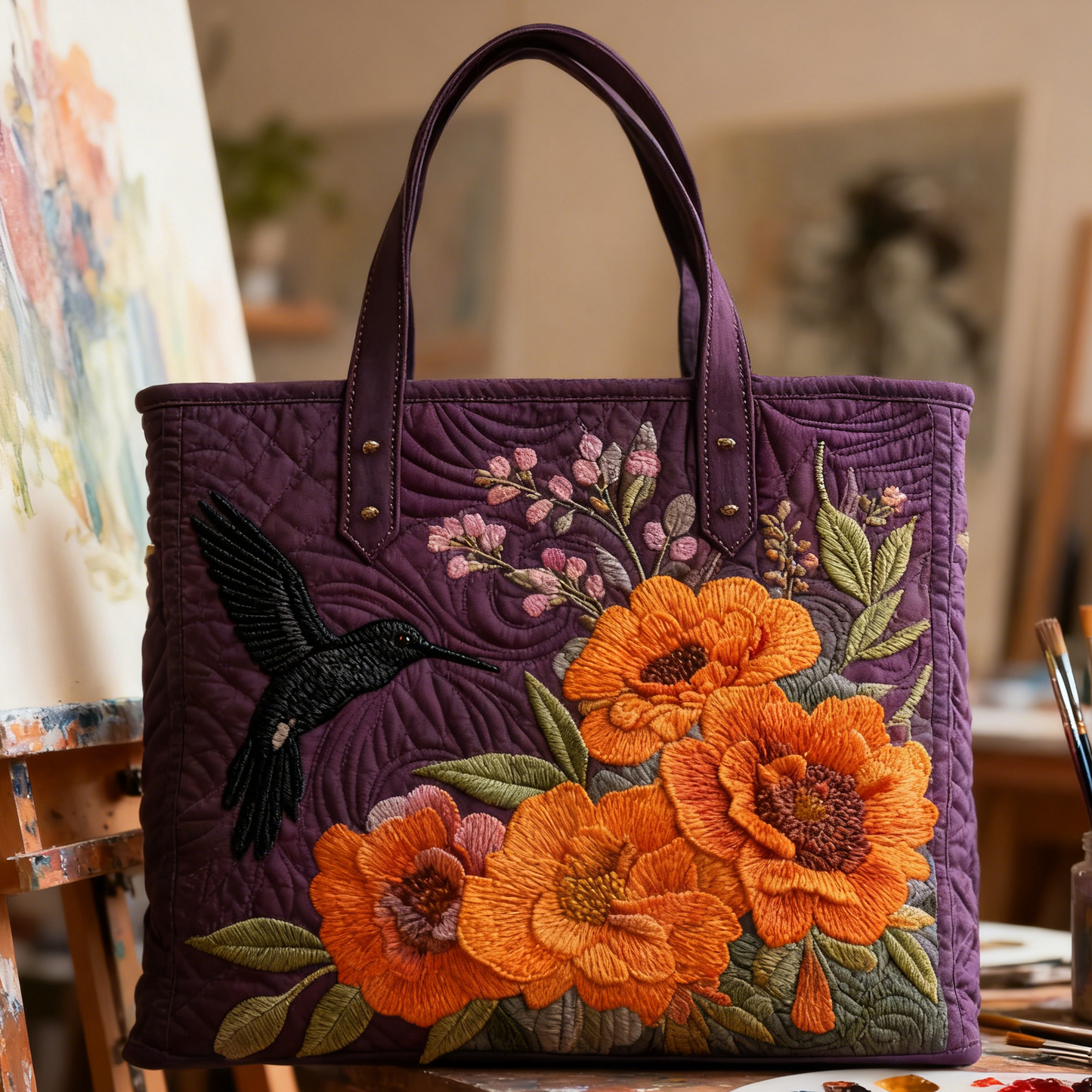Hand Embroidered Hummingbird Canvas Tote Bag