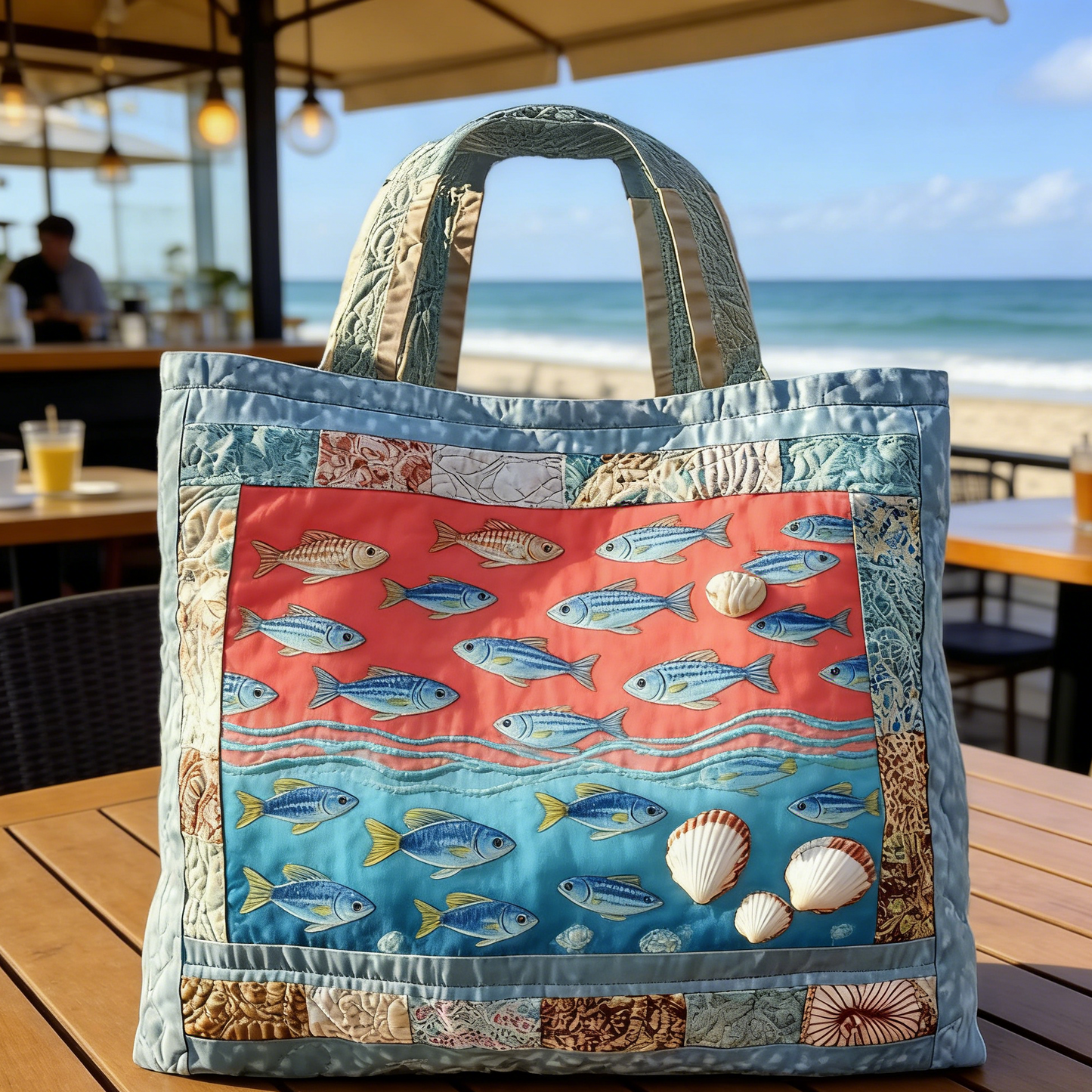 Pale Blue Fish Quilted Tote Bag