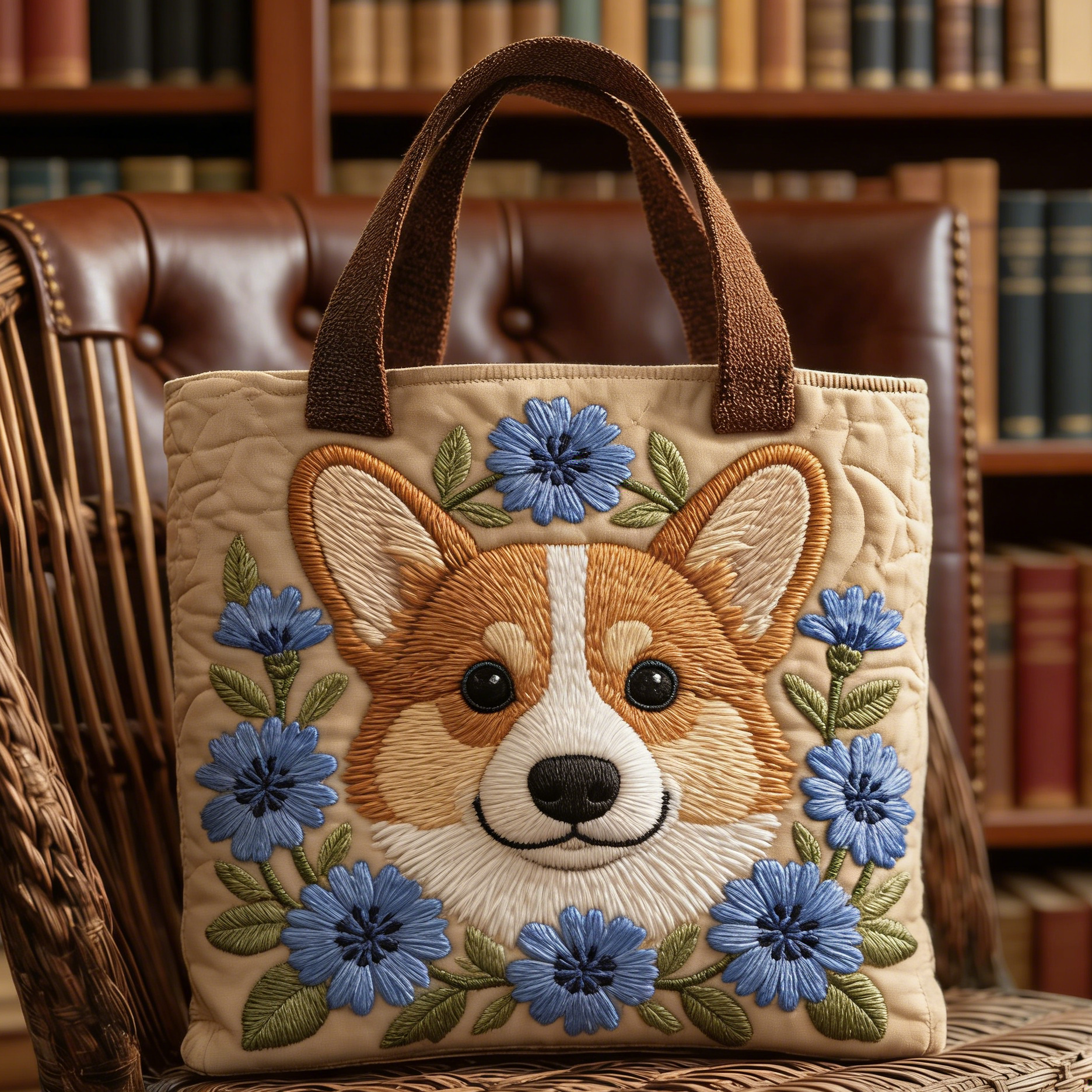 Beige Corgi Cornflower Quilted Tote Bag
