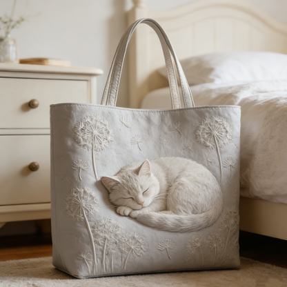 Timeless Sleeping Cat Dandelion Quilted Tote Bag