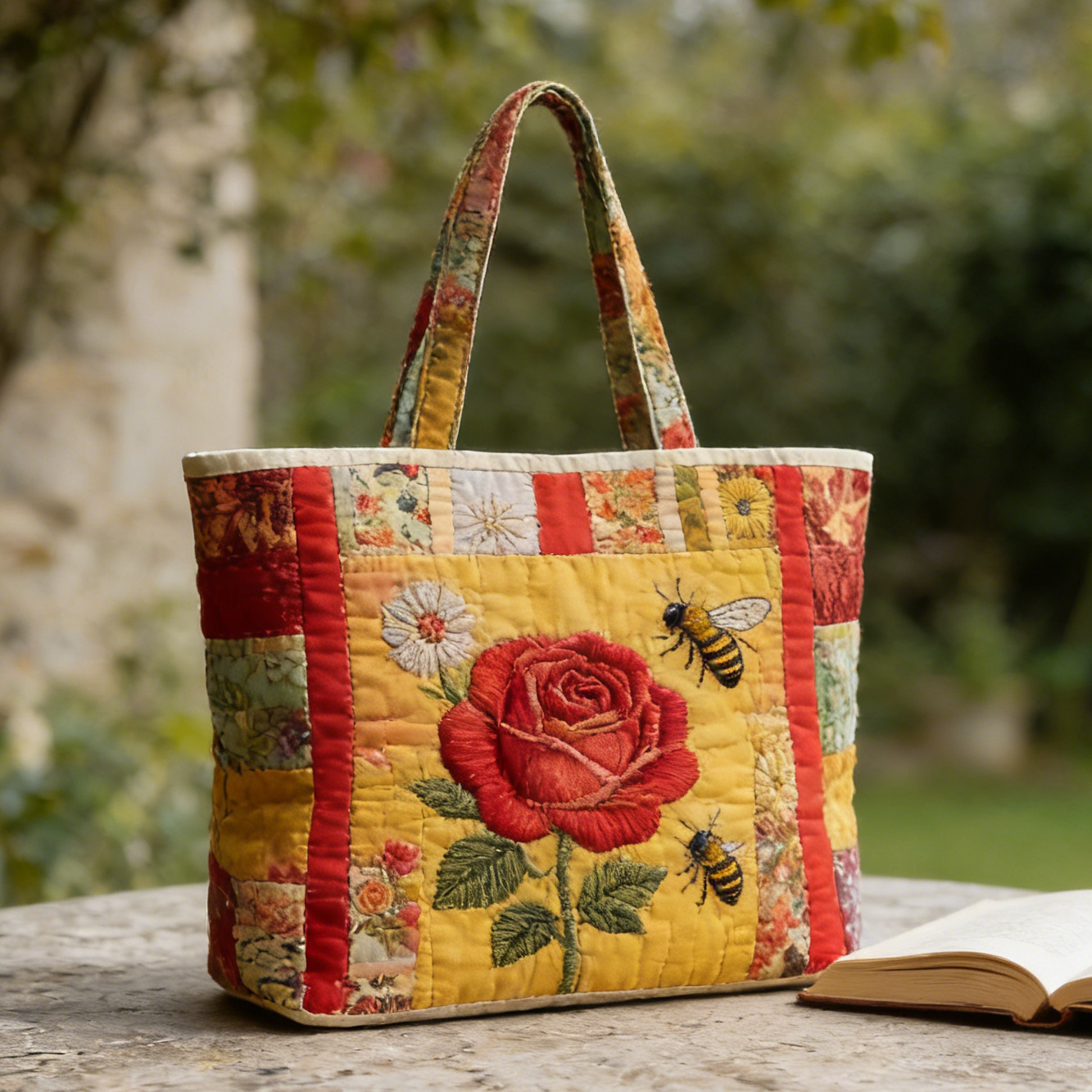 Rose Themed Quilted Tote Bag