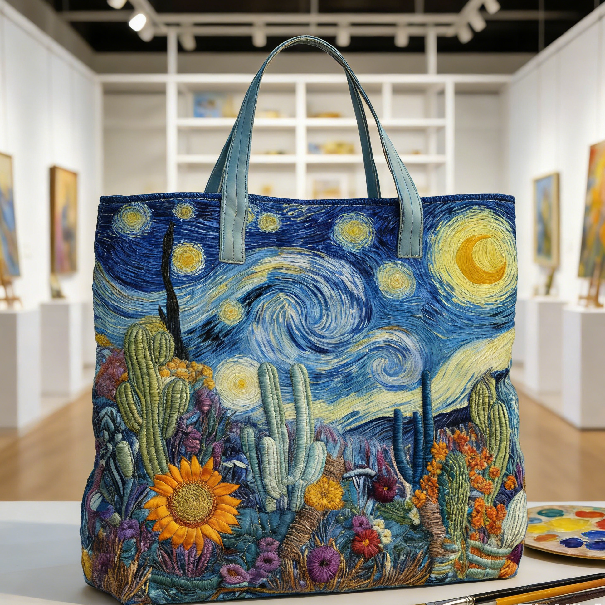 Starry Night-Cactus-Sunflower Quilted Tote Bag