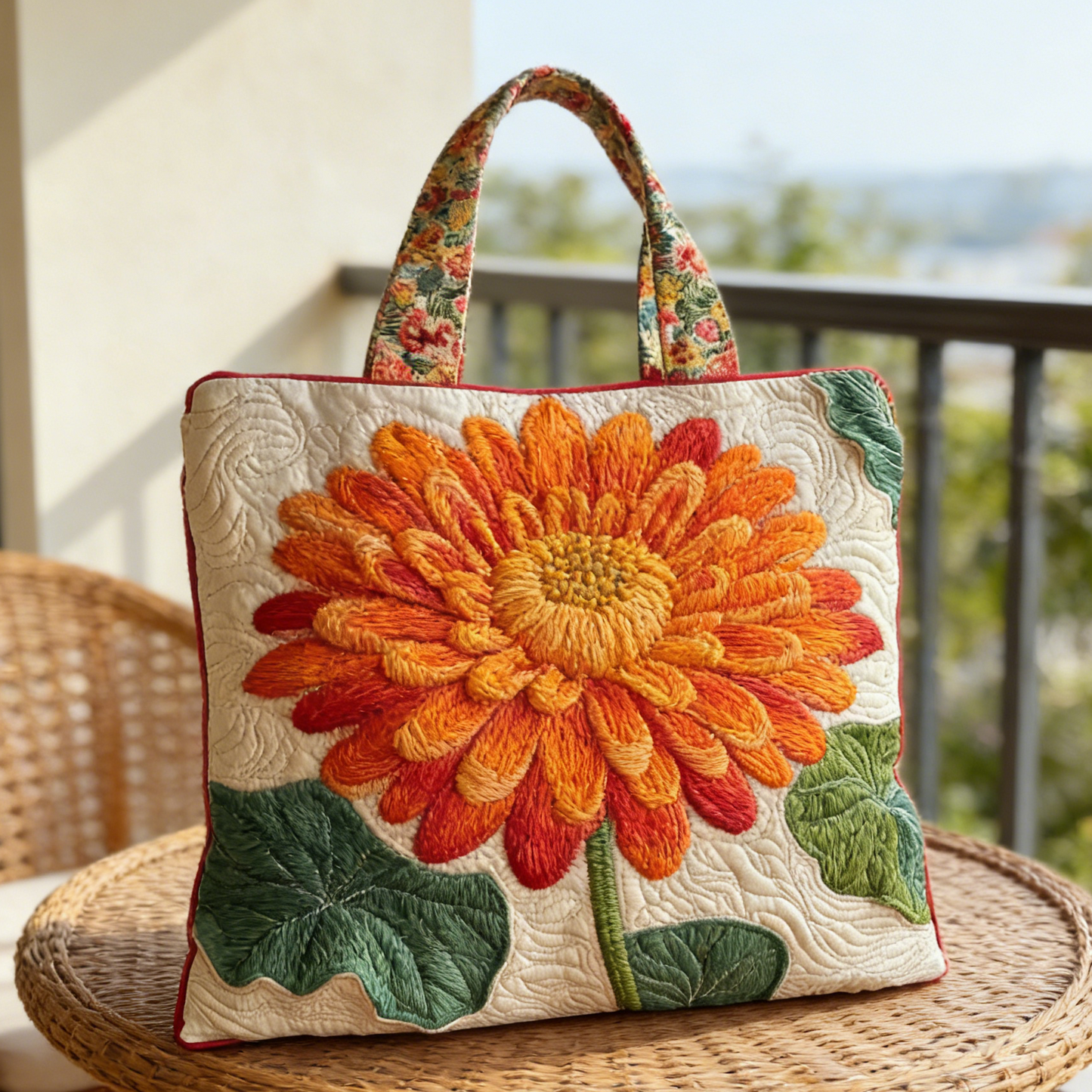 Orange Dahlia Quilted Tote Bag
