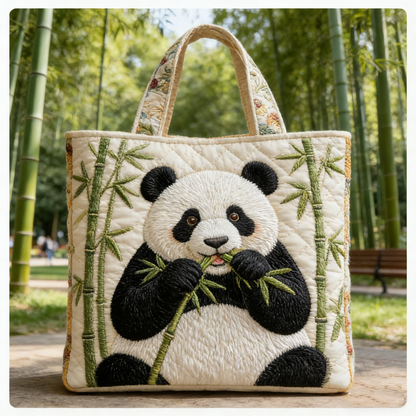 Quilted Panda & Bamboo Tote bag: Adorable Embroidered Pup Eating Bamboo for Daily Carry