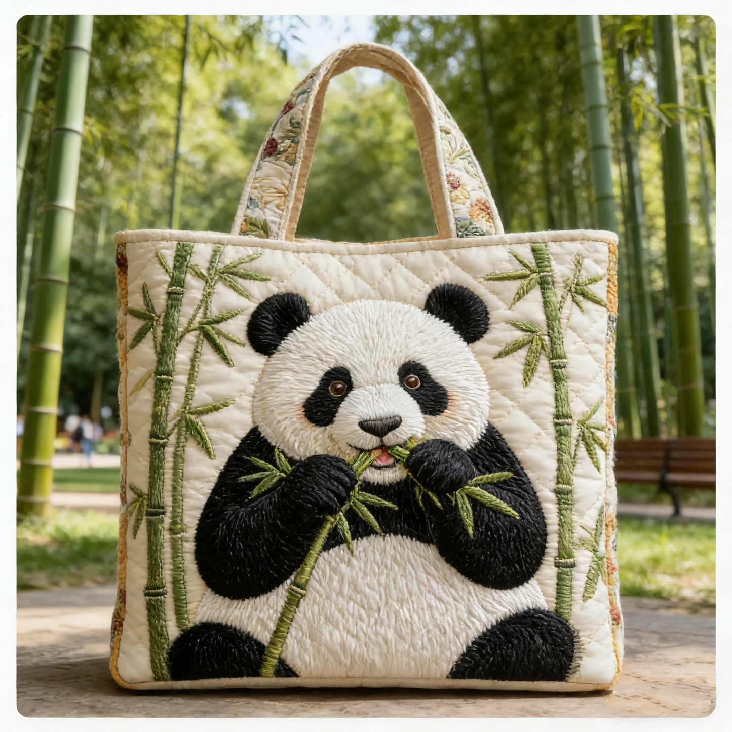 Quilted Panda & Bamboo Tote Bag: Adorable Embroidered Pup Eating Bamboo for Daily Carry Quilted Tote Bag